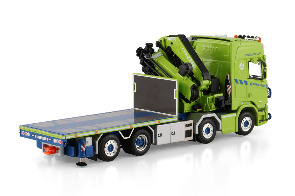 Nordic Crane Kynningsrud; SCANIA R HIGHLINE CR20H RIGED FLATBED TRUCK 8X2 TAG AXLE WITH FASSI 1100 + JIB