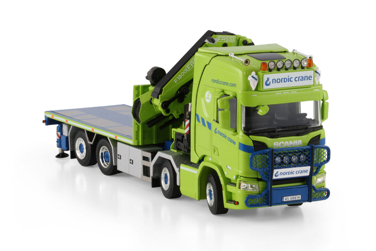 Nordic Crane Kynningsrud; SCANIA R HIGHLINE CR20H RIGED FLATBED TRUCK 8X2 TAG AXLE WITH FASSI 1100 + JIB