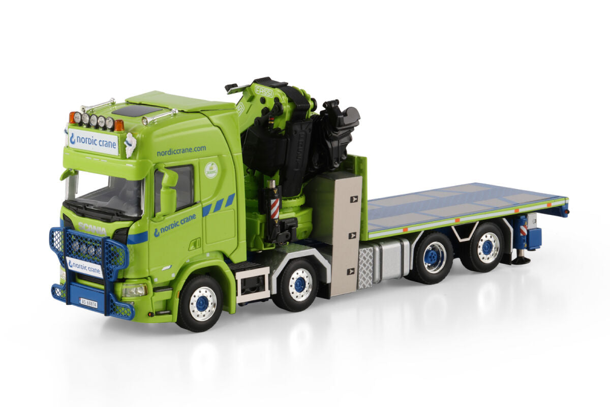 Nordic Crane Kynningsrud; SCANIA R HIGHLINE CR20H RIGED FLATBED TRUCK 8X2 TAG AXLE WITH FASSI 1100 + JIB