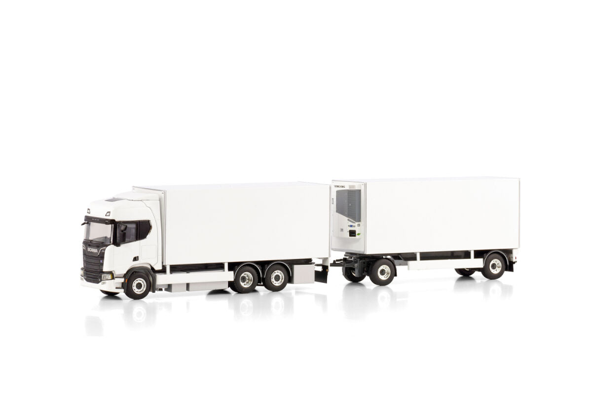White line; SCANIA R HIGHLINE CR20H 6X2 TAG AXLE RIGED REEFER TRUCK DRAWBAR TRAILER - 2 AXLE